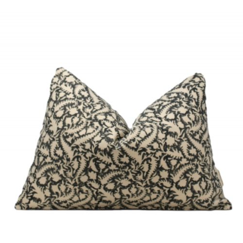 Alessia Charcoal Cream Floral Block Print Cotton Pillow Cover