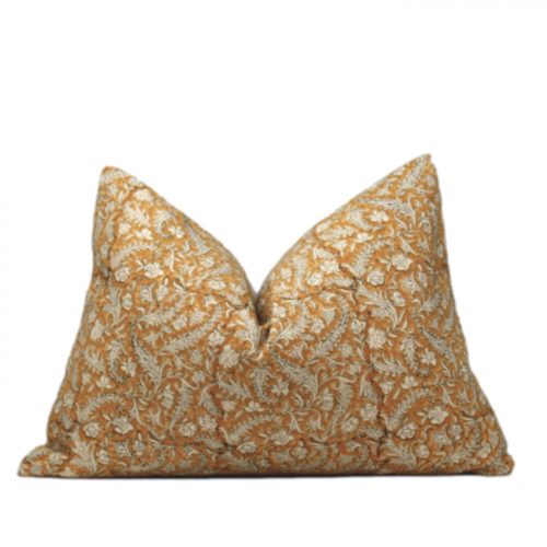 Anthea Yellow Floral Block Print Cotton Pillow