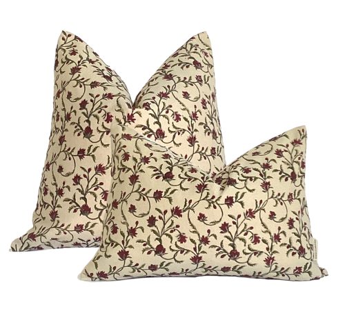 Kyoto Plum | Floral Block Print Pillow Cover, Plum and Natural Floral Pillow