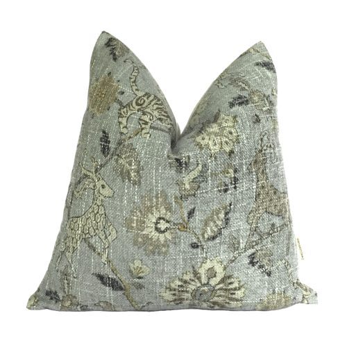 Addie | Aqua Botanical India Style Pillow Cover, Animal Print Pillow, Aqua Jacobean Pillow