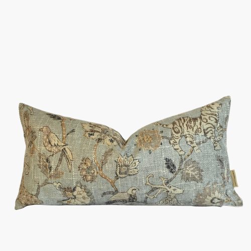 Addie | Aqua Botanical India Style Pillow Cover, Animal Print Pillow, Aqua Jacobean Pillow