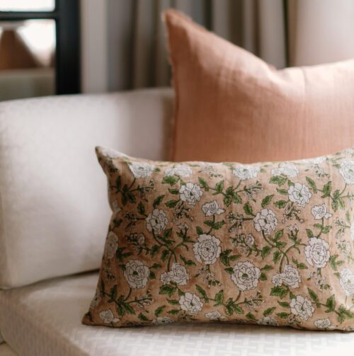 Mustard Tan Floral Block Print Pillow Cover