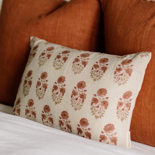 Pumpkin, Rust Linen Block Print Floral Pillow