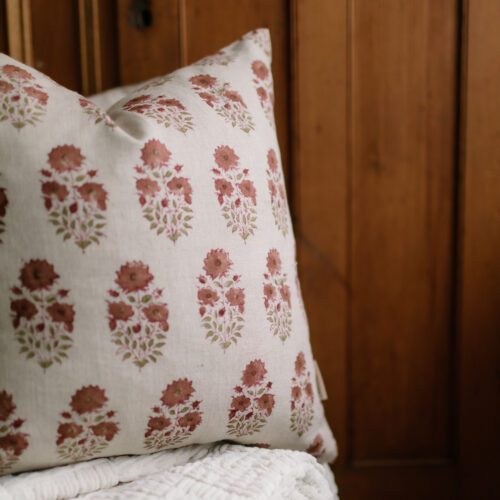 Pumpkin, Rust Linen Block Print Floral Pillow