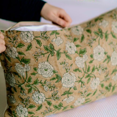 Mustard Tan Floral Block Print Pillow Cover