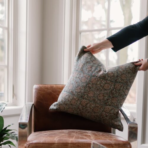 Steel Blue Block Print Linen Pillow Cover