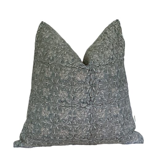 SELAH || Steel Blue Grey Floral Block Print Pillow Cover