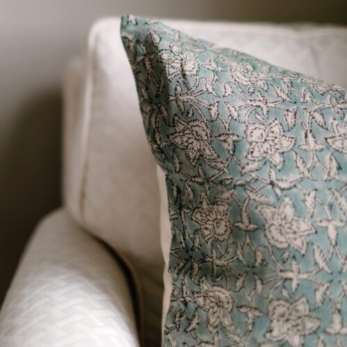 Steel Blue Grey Floral Block Print Pillow