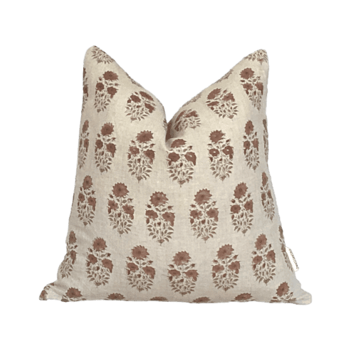 Pumpkin, Rust Linen Block Print Floral Pillow