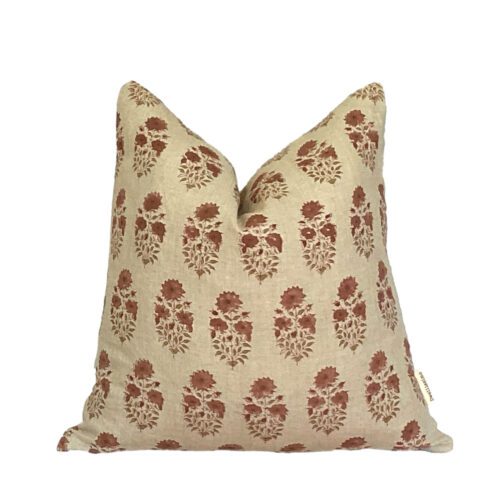 WINNIE || Pumpkin, Rust Linen Block Print Floral Pillow