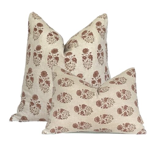 Pumpkin, Rust Linen Block Print Floral Pillow