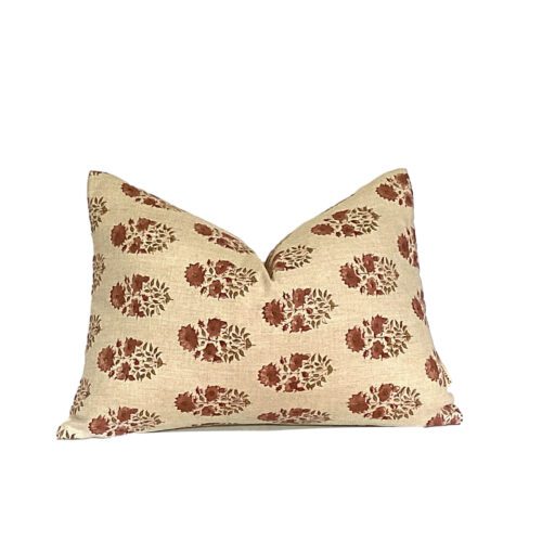 WINNIE || Pumpkin, Rust Linen Block Print Floral Pillow