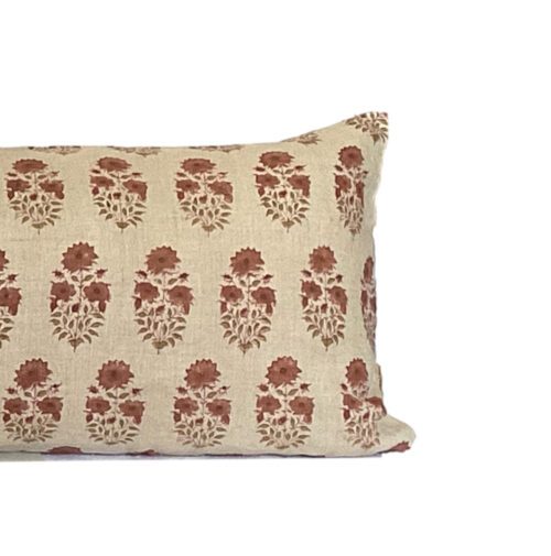 WINNIE || Pumpkin, Rust Linen Block Print Floral Pillow