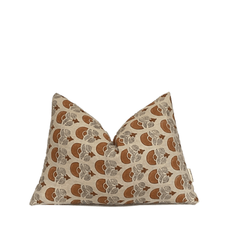 Pumpkin, Rust Linen Block Print Floral Pillow